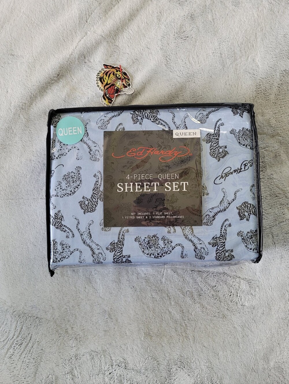 Ed Hardy Queen Size Bedsheet Set Lions Tigers Tattoo Y2K Deep Pocket Blue.